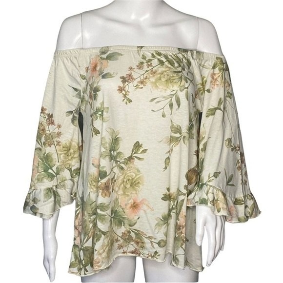 Chaser Tops - Chaser Shirt Womens Medium Cream Green Floral Off Shoulder Blouse Botanical‎